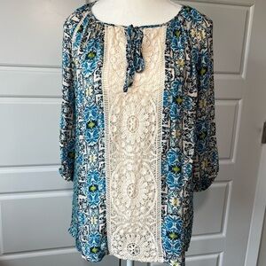 Lucy & Laurel Boho Print Tunic Top Crochet Lace Detail Tie Neck Women S